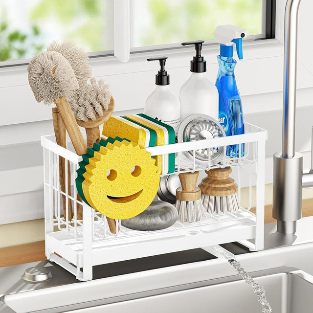 Taugast Sponge Holder for Kitchen Sink with Flexible Sponge Holder Smiley Face,2 Tier Kitchen Sink Organizer Countertop and Storage Essentials,Soap Dispenser Organize,Home Decor Accessories-White