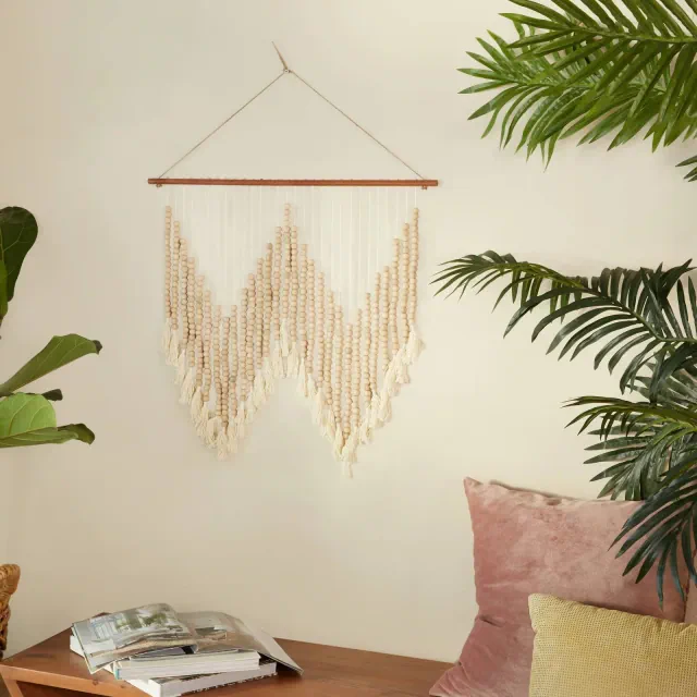 Wood Macrame Beaded Wall Decor with Fringe Tassels White - Olivia & May: Traditional Style, Carved Art, Vertical Orientation