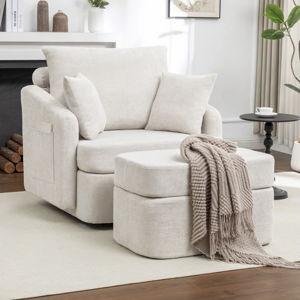 39''W Chenille Swivel Accent Chair With Compression Ottoman for Living Room and 2 Pillows - Beige, 1