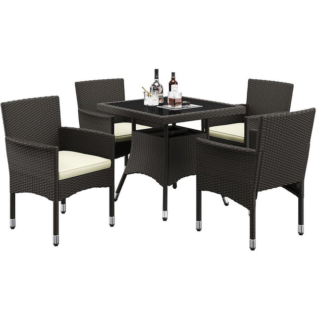 Yaheetech 5-Piece Patio Furniture Set, Outdoor Rattan 4 Dining Chairs & Tempered Glass Table with Umbrella Hole, for Garden Backyard Deck Balcony, Brown/Beige