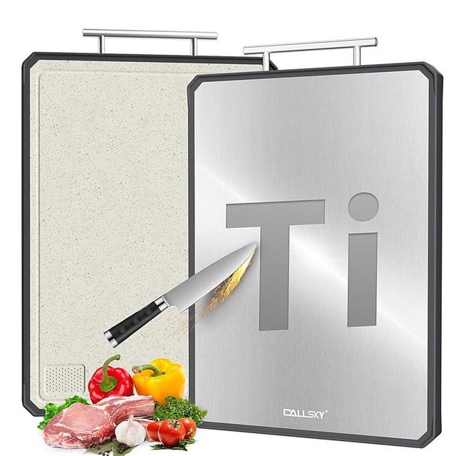 Titanium Cutting Boards for Kitchen, 2 in 1 Titanium Cutting Boards with JUICE GROOVE, Metal Chopping Board for Meat/Vegetables, Pure Titanium&Wheat Straw PP, Food-Grade, Dishwasher Safe16.3”×11”-1 PC