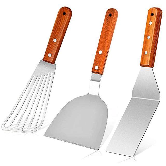 Stainless Steel Fish Spatula Turner Set of 3, Metal Spatula Slotted Turner with Wood Handle, Professional Kitchen Spatula for Pancake, Smash Burger and Egg, Thiny Spatula Flipper for Cooking, Grilling