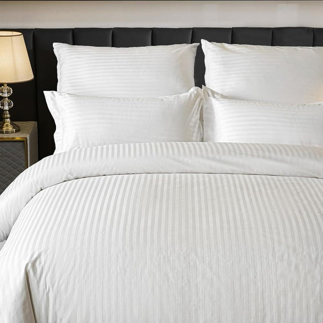 Amolavet Hotel Bedding Duvet Cover Queen Size Cotton White Satin Pin Striped Textured with Zipper - Duvet Cover Queen 3 Pcs Set 90x90 - Comforter Cover/Quilt Cover Queen Size