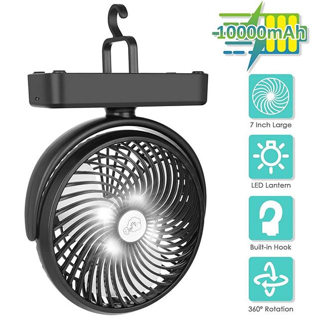 Amacool 10000mAh Battery Operated Camping Fan with LED Light-7 inch USB Fan with Hanging Hook for Tent Car RV Hurricane Emergency Outage