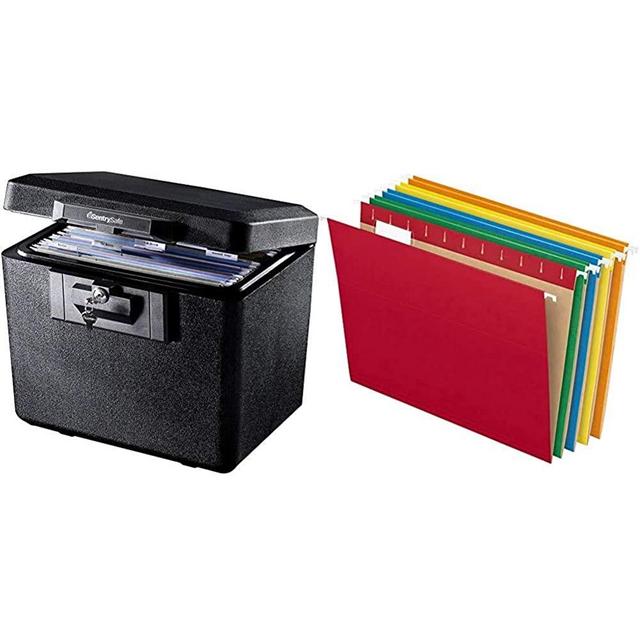SentrySafe 1170 Fireproof Box with Key Lock 0.61 Cubic Feet,Black & Pendaflex Hanging File Folders, Letter Size, Assorted Colors, 1/5-Cut Adjustable Tabs, 25 Per Box (81663)