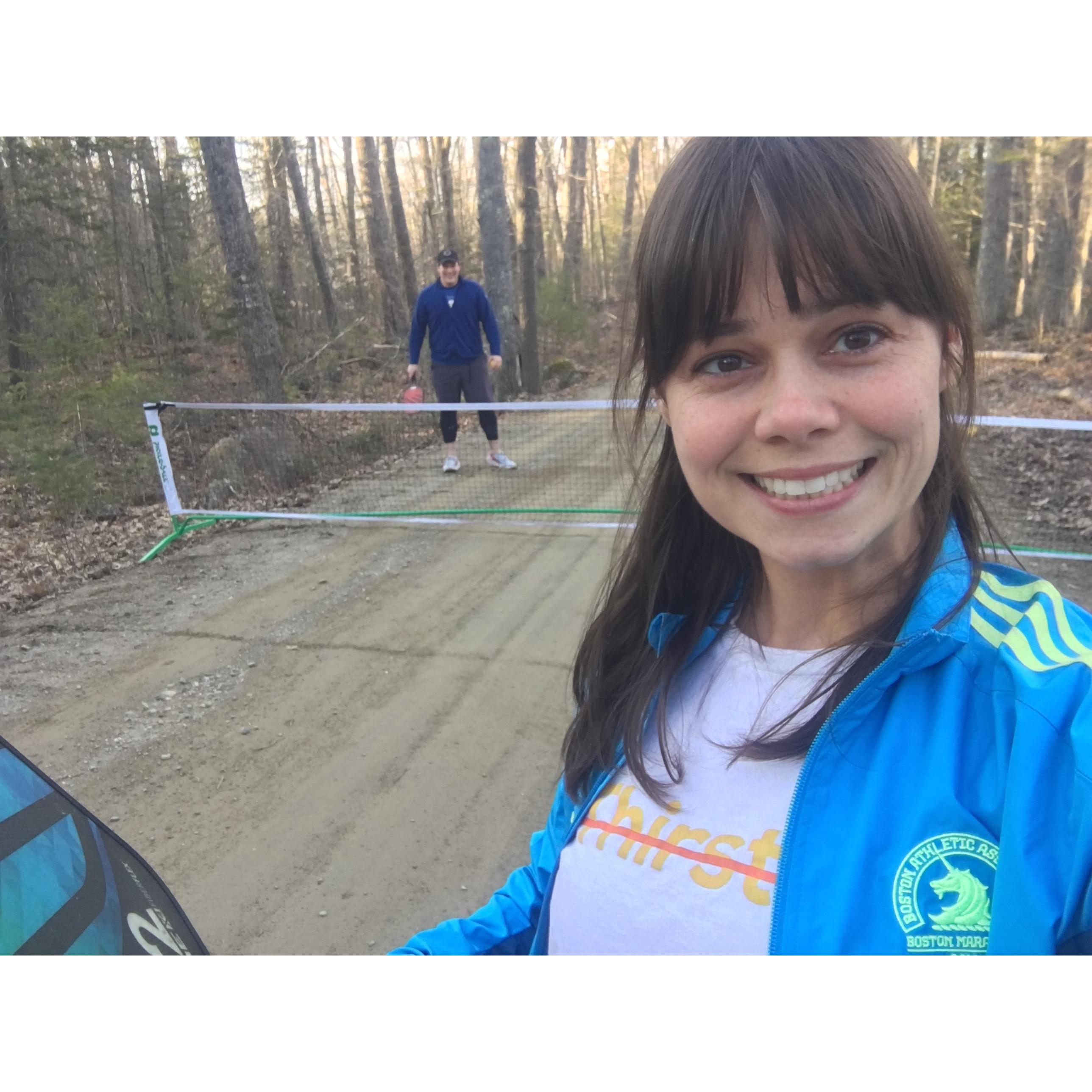 Playing a make-shift game of pickleball on the dirt road in Maine during isolation. (Spring 2020)