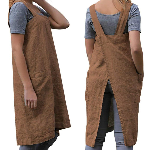 WROLEM Women's Practical Cross Back Pinafore Apron with Large Pockets Home Kitchen,Restaurant,Coffee House,Cooking,Gardening