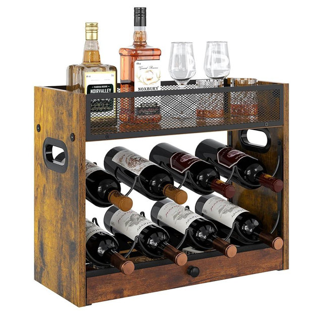 3-Tier Countertop Wine Rack, Coffee Syrup Rack Organizer With Drawer for Coffee Bar, Tabletop Liquor Bottle Display Shelf for Home Kitchens, Restaurants and Bar Counters, Holds up to 18 Bottles