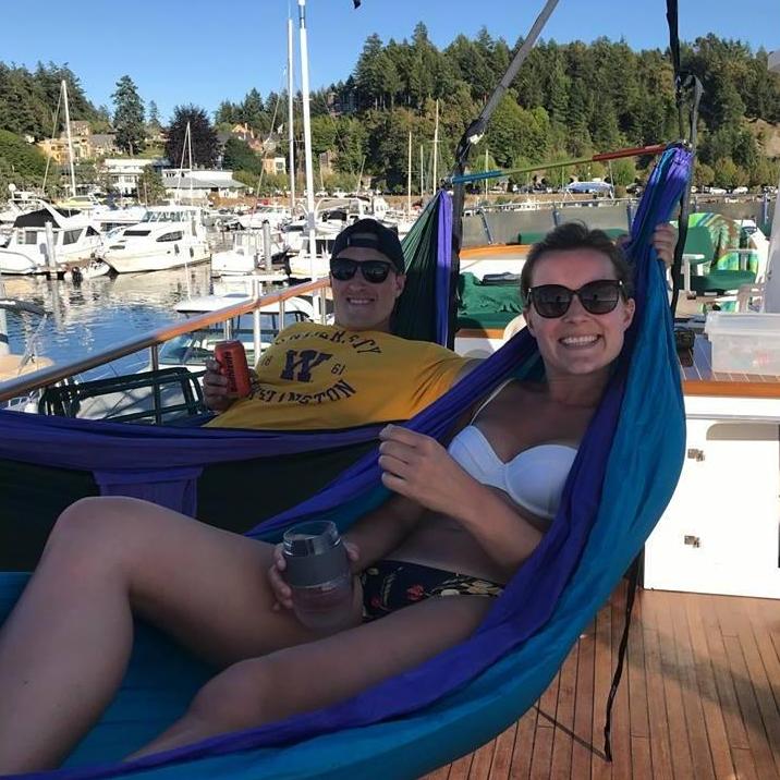 Hammocking on the top deck of The Matchmaker while in Roche Harbor.