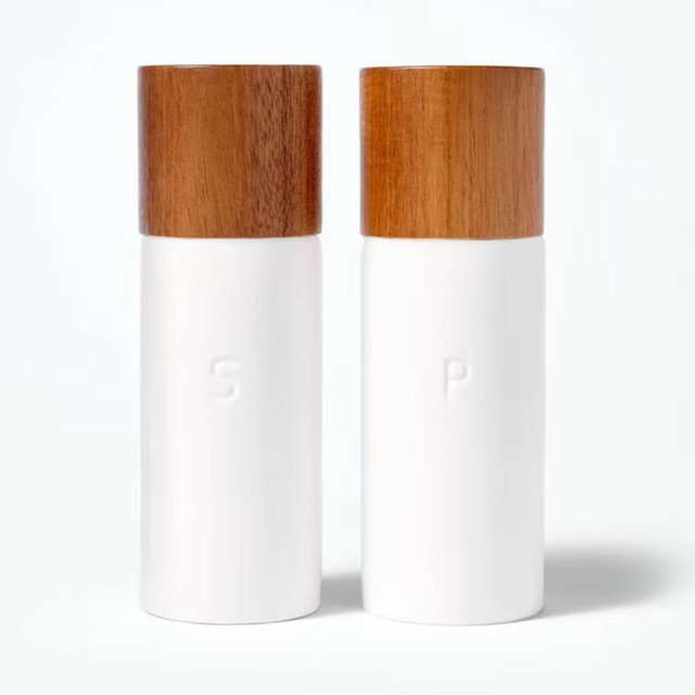 Ceramic Salt and Pepper Grinder Set Cream - Figmint™: Wood & Stoneware, 6.25" Height, 55 Volume Capacity, 2-Piece Set