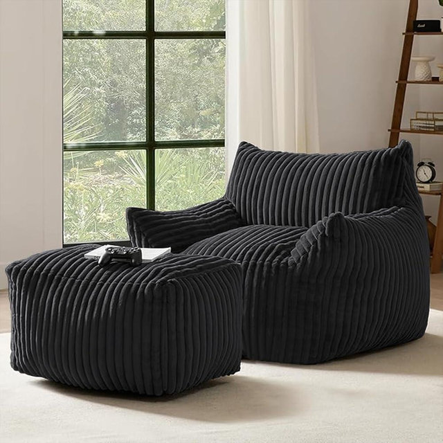FanYi Bean Bag Chair with Armrests and Ottoman, Comfy Couch Bag Lounge Lazy Floor Sofa, Cozy Fluffy Single Cloud Mini Couches for Bedroom, Living Room and Dorm, Black