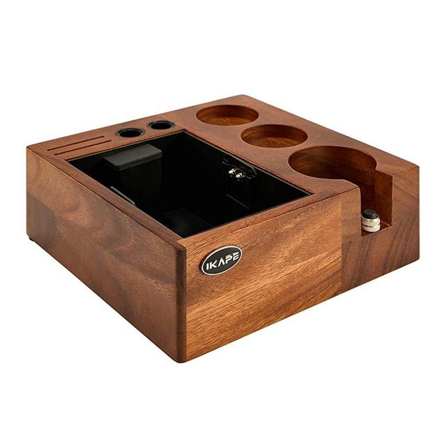IKAPE V2 Espresso Knock Box, 54MM Espresso Coffee Organizer Box Fit for Storage 51 to 54MM Espresso Tamper, Distributor, Portafilter & Puck Screen Accessories, Natural Walnut Station Base (8 IN One)