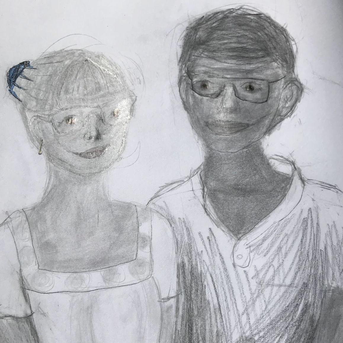 Portrait by our talented 12-year-old neighbor, Helen, three weeks into our courtship. May 2020.