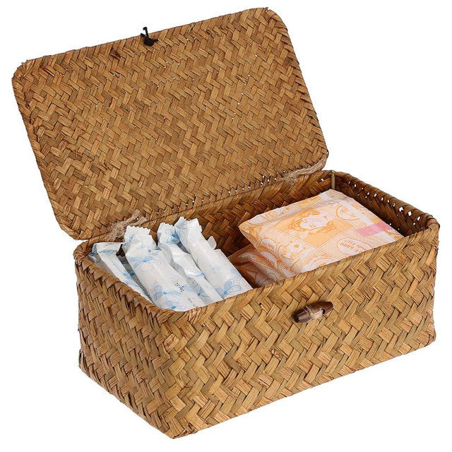 Sumnacon Wicker Basket with Lid Rectangle Woven Baskets for Toiletries Tampon Storage,Wicker Storage Basket with Lid,Decorative Seagrass Storage Baskets for Shelf Bathroom Toilet Table, Caramel