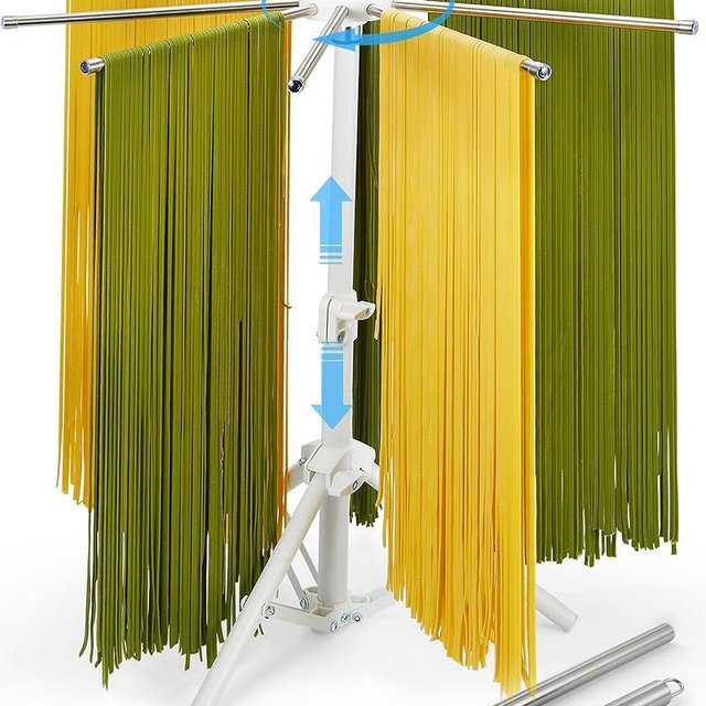 MUMSUNG Pasta Drying Rack Collapsible, 360° Rotating, Adjustable Height(14.5"-23.6"), Large Noodle Dryer Foldable with Ravioli Wheel, 10PCS 304 Stainless Steels Arm for Homemade Fresh Pasta Spaghetti