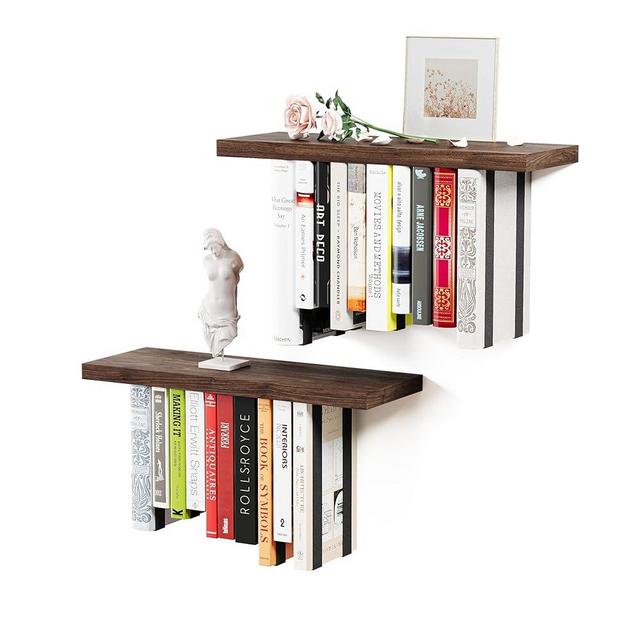 BUTUNITA Floating Bookshelves for Wall, Rustic Wood Hanging Wall Bookshelf, Upside Down Book Shelf and Wall Mounted Bookshelves for Home Decor in Bedroom, Living Room, Carbonized, 2 Pack