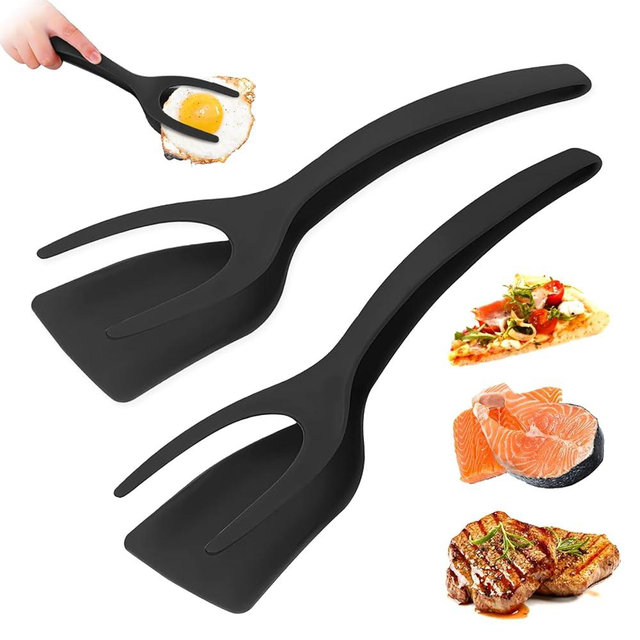 Egg Flipper Spatula Tongs 2 PCS Spatula for Non Stick Frying Pan 2 in 1 Grip & Flip Kitchen Tongs, High Heat Resistant BPA Free Cooking Utensils, Ideal Cookware for Pancakes, Fish, Eggs, Toast (black)