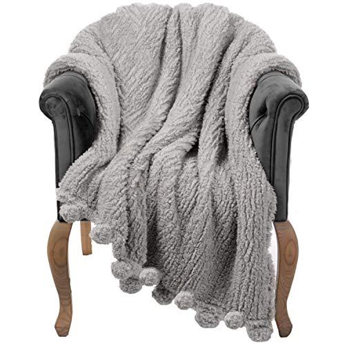 GREEN ORANGE Fleece Blanket Fuzzy Throw for Couch – 50x60, Grey – Soft, Plush, Fluffy, Sherpa, Cozy - Perfect for Bed, Sofa – Pom Poms
