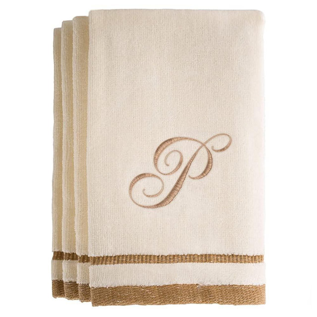 Monogrammed Gifts, Fingertip Towels, 11 x 18 Inches - Set of 4- Decorative Golden Brown Embroidered Towel - Extra Absorbent 100% Cotton- Personalized Gift- for Bathroom/ Kitchen- Initial P (Ivory)