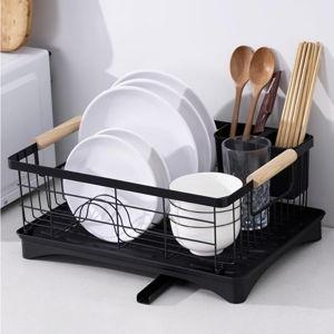 Black Dish Drying Rack with Beechwood Handles
