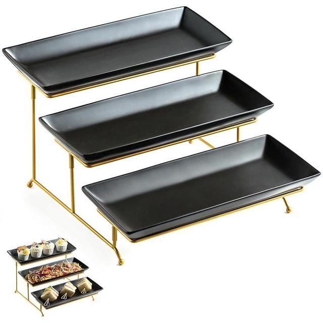 LYEOBOH 3 Tier Serving Tray Set, Tiered Serving Stand with Platters, Serving Dishes for Entertaining Thanksgiving Christmas Party, Collapsible Sturdier Stand & 14 Inch Large Platters for Food Display