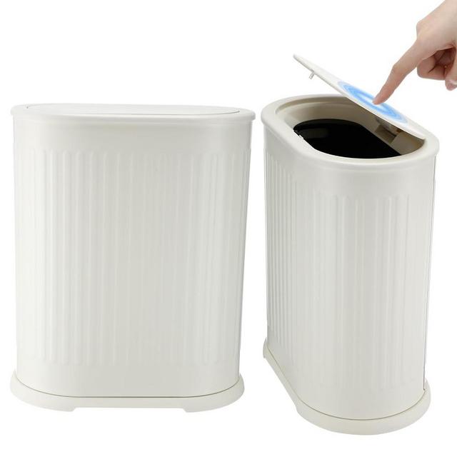 Hushee 1.6 Gallons Slim Bathroom Trash Can Stainless Steel Small Garbage Can with Pop up Lid Dog Proof Litter Trash Bin for Bedroom Narrow Waste Basket with Lid for Kitchen Toilet Office, Cream White