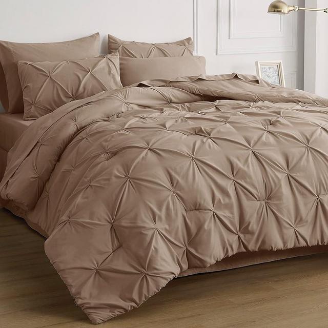 Bedsure Khaki King Size Comforter Set - Bedding Set King 7 Pieces, Pintuck Bed in a Bag Green Bed Set with Comforter, Sheets, Pillowcases & Shams
