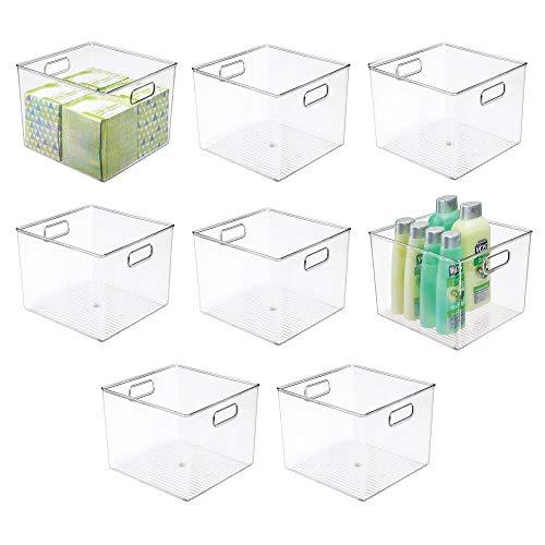 mDesign Storage Bins with Built-in Handles for Organizing Hand Soaps, Body Wash, Shampoos, Lotion, Conditioners, Hand Towels, Hair Accessories, Body Spray, Mouthwash - 8 Pack - Clear