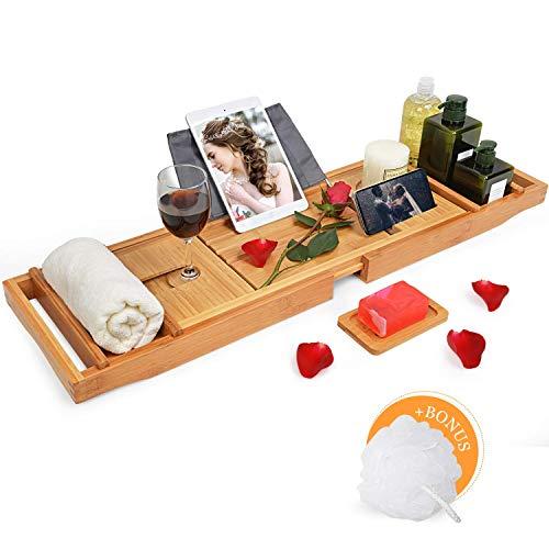 Domax Bathtub Caddy Tray with Wine Glass Holder - Adjustable Book Stand with Waterproof Cloth Extendable Non Slip Sides 2 Removable Boards Bamboo Bath Organizer