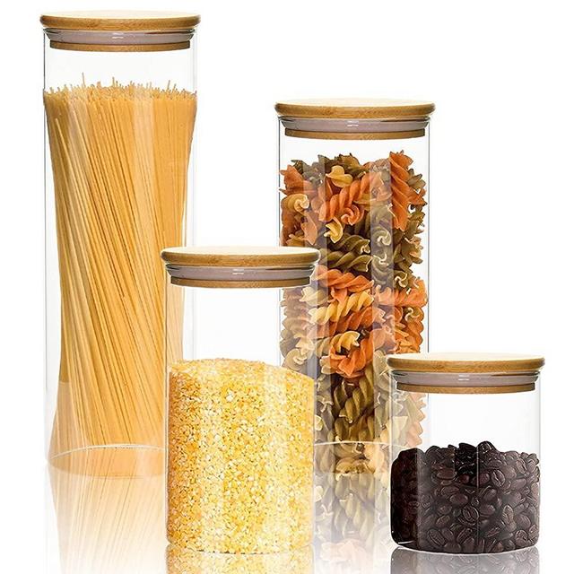 Yenwily Glass Canisters Sets with Bamboo Lid, Glass Food Storage Container Sets, Airtight Glass Jar with Silicone Ring, Ideal for Coffee Beans, Pasta, Flour, Sugar, Candy 4PCS