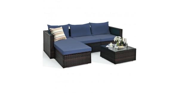 5 Pieces Patio Rattan Sectional Furniture Set with Cushions and Coffee Table