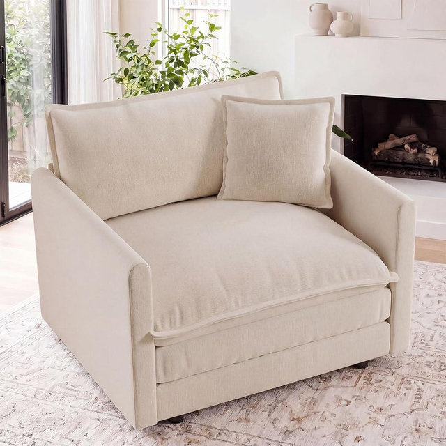 wisenook Oversized Accent Chair, 41" Reading Nook Chair with 1 Pillow, Single Seat Chenille Upholstered Comfy Cloud Sofa Armchair for Bedroom, Living Room, Beige