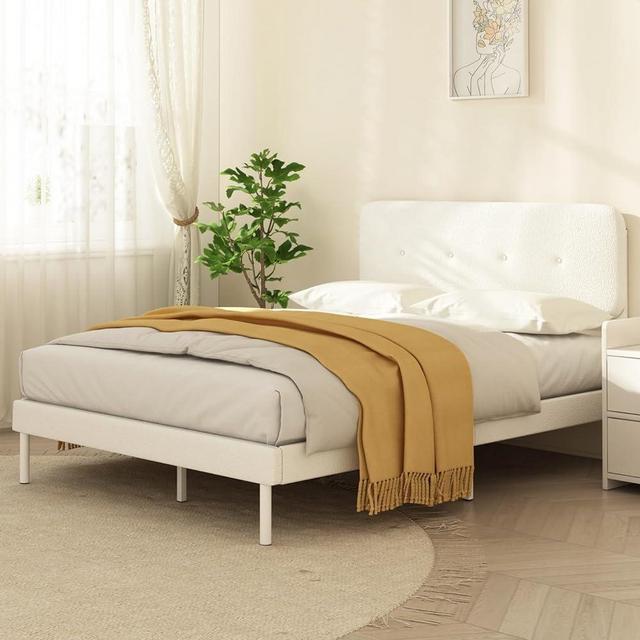 ONBRILL Creamy Boucle Upholstered Bed Frame with Adjustable Headboard, Soft Cloud Bed Frame with Under Bed Storage, Easy Assembly, No Box Spring Needed-Queen Size