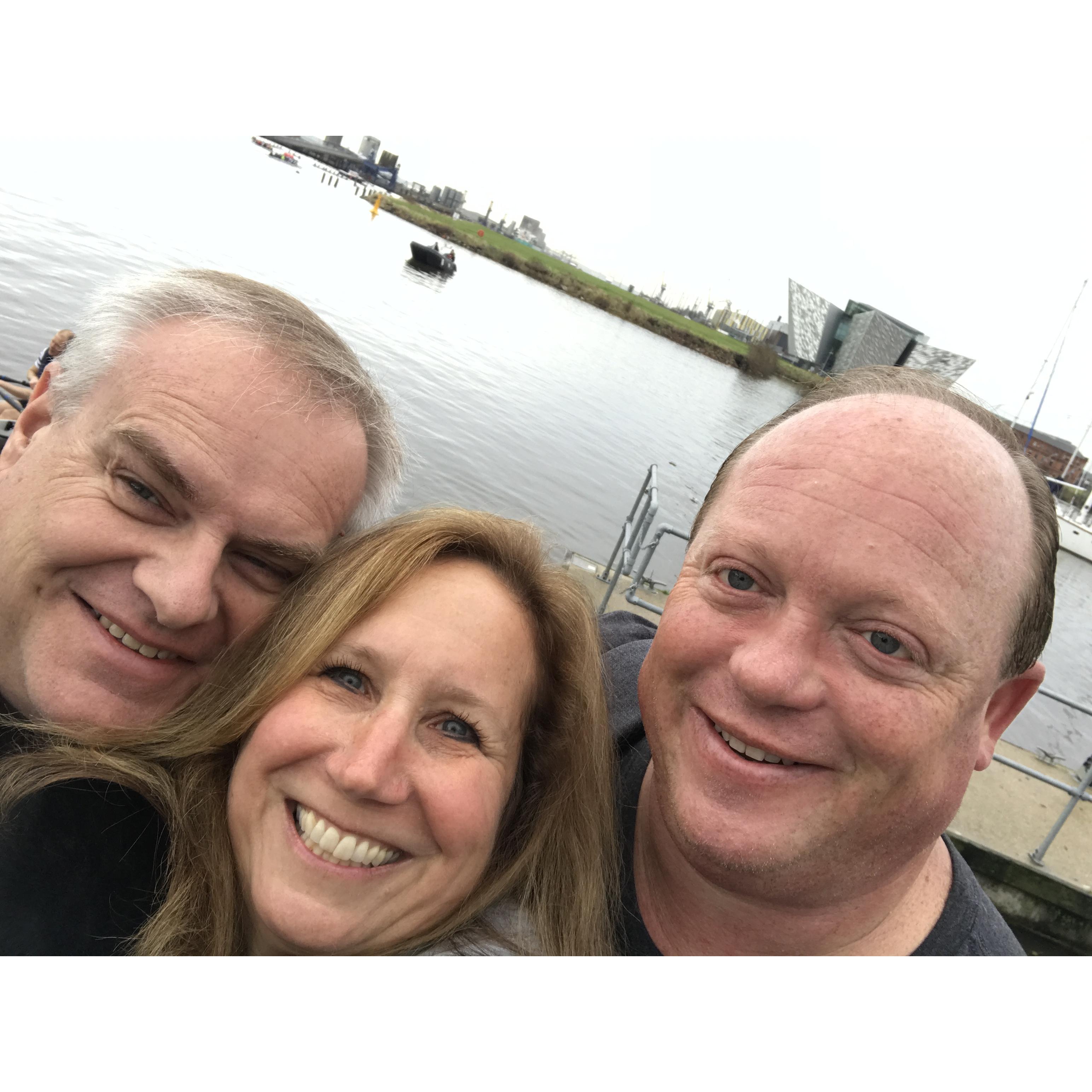 Fall 2018 hanging with Lowell Amos in Belfast, Northern Ireland - Titanic Museum in the background! (Jim taught Lowell the finer points in Rugby!)