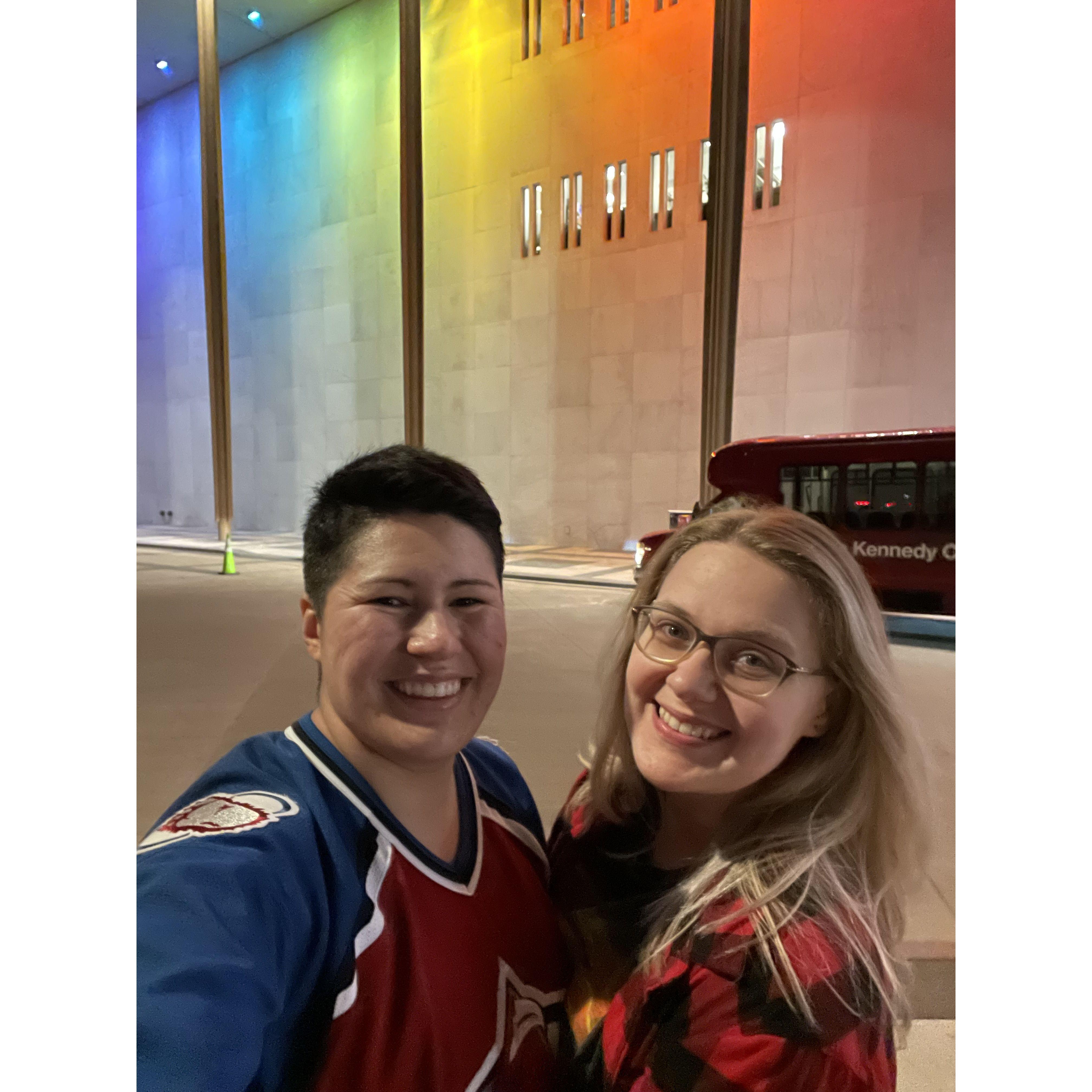 Trying to capture a picture with the rainbow lights at the Kennedy Center