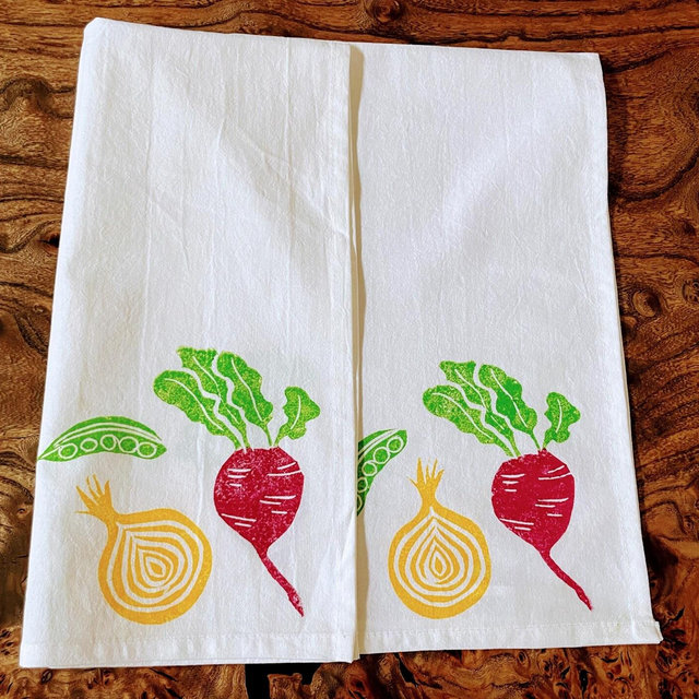 Vegetable Print Tea Towel: Hand Printed Cotton Flour Sack