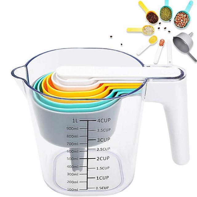 FAVIA Measuring Cup and Measuring Spoons Set with One Scraper One Funnel 9 Pieces Plastic Cooking Baking Kitchen Utensil BPA Free Dishwasher Safe