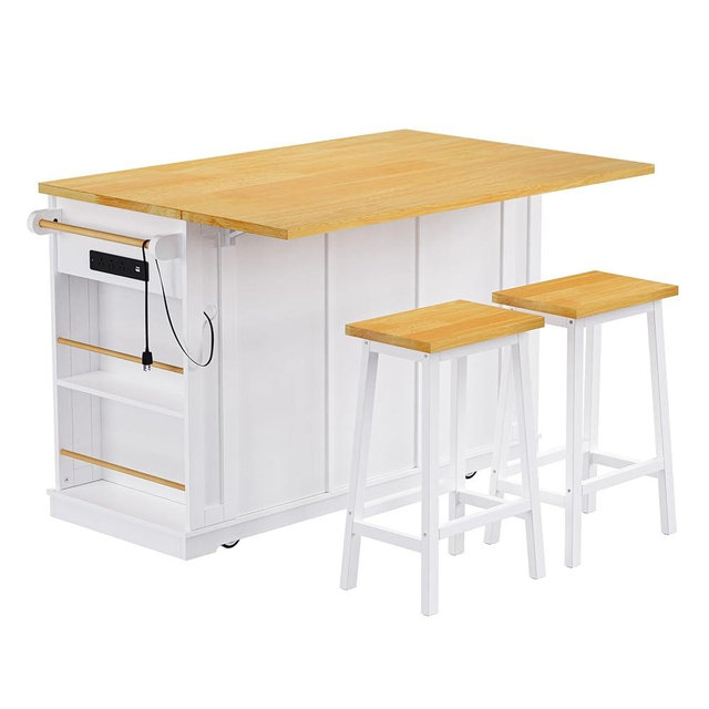 Rolling Kitchen Island with 2 Bar Stools, Drop Leaf & Power Outlet, Large Kitchen Islands Cart on Wheels, Movable Kitchen Island with 5 Open Shelves & Towel Rack for Kitchen, Dining Room, 53″, White