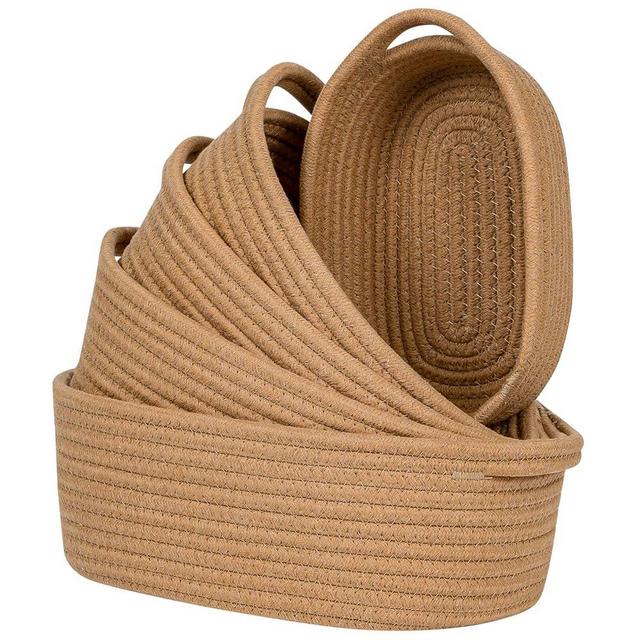 CubesLand Small Cotton Rope Storage Basket Set 5, Shelves Baskets for Organizing with Handle, Decorative Closet Storage Bins for Countertop Toilet Paper Basket for Toilet Tank Top,Brown Basket