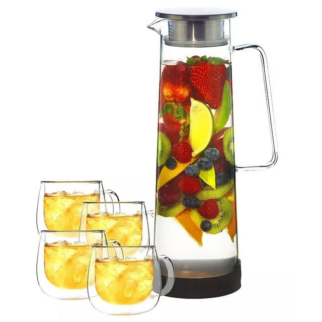 GROSCHE Ultimate-Infusion Pour Share Set:Bali Water Infuser Pitcher with 2 Sets of Fresno Glass Mugs