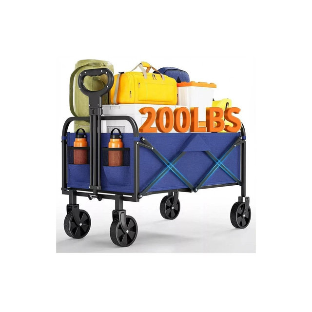 Acekool Collapsible Utility Wagon with 360° Rotating Wheels, 220lbs Load, Adjustable Handle, Beach, Camping, Garden, 73x46.5x89.5cm, Blue