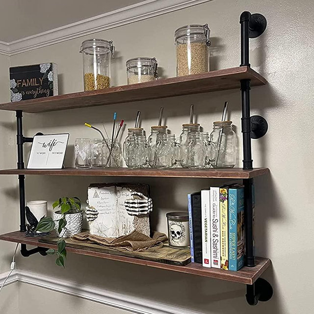 Pipe Shelves Industrial Pipe Shelving Shelves Real wood Industrial Floating Pipe Shelves with Wood planks 48 inch Industrial Wall Shelves Rustic Hanging Bookshelf Farmhouse Kitchen Bar Shelving HDDFER