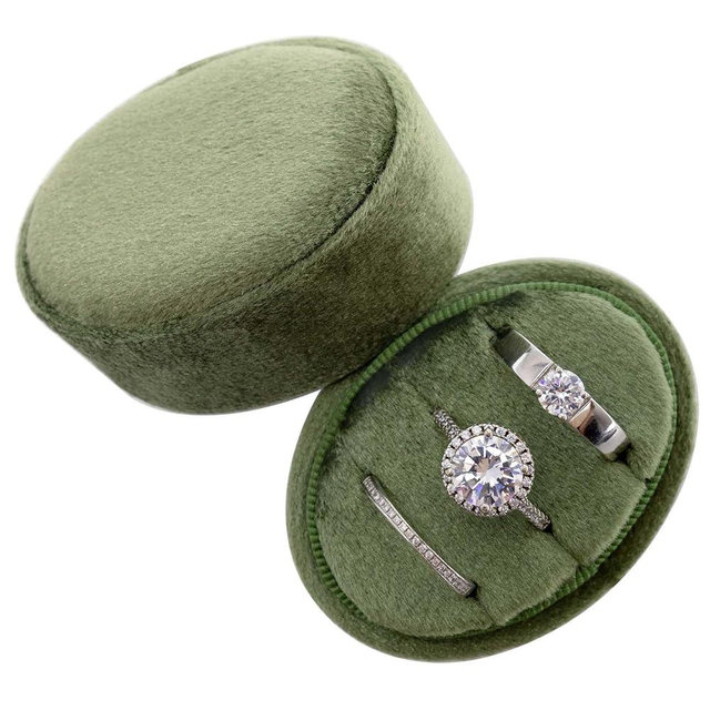 Beatilog Velvet Oval Ring Box 3 Slots - Premium Wedding Three Rings Box Vintage Handmade Storage Jewelry Organizer for Proposal, Engagement, Wedding Ceremony, Christmas (Olive Green)