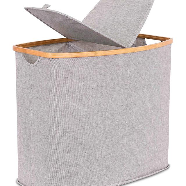 BIRDROCK HOME Divided Bamboo & Canvas Hamper | Double Laundry Basket with Lid | Modern 2 Section Foldable Hamper | Cut Out Handles | Grey Narrow Design | Great for Kids Adults