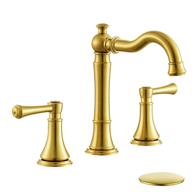 Roffenny Brushed Gold Faucet Bathroom 8 inch Widespread for 3 Holes with Plastic Pop-Up Drain, Classical 2-Handle Gold Bathroom Vanity Sink Faucets, High Arc 360° Brass Swivel Spout