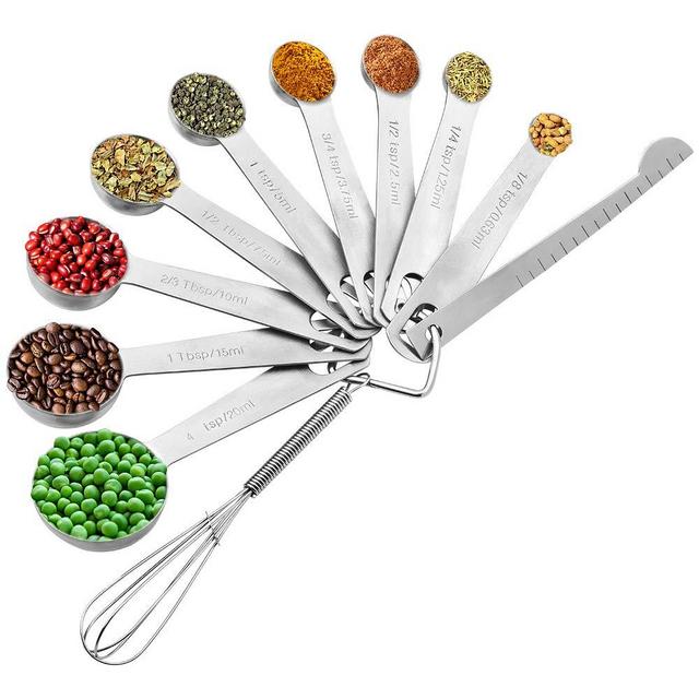 Measuring Spoons Stainless Steel, Set of 11, Includes 9 Stainless Steel Measuring Spoons, Leveler and Whisk, Teaspoon Tablespoon Set for Measuring