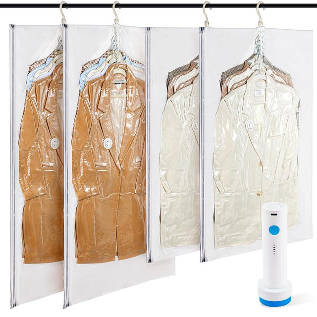 Hanging Vacuum Storage Bags with Electric Pump – 4-Pack Hanging Vacuum Seal Bags for Clothing, Space-Saving Compression Bags for Suits, Jackets, Travel Wear, Winter Coats & Outerwear