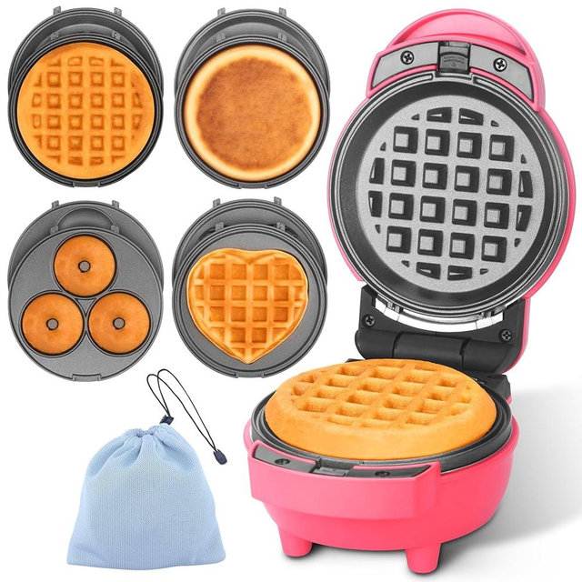 Baker's Friend 4 in 1 Waffle Maker Set: Mini Doughnut & Waffle Maker, Removable Plates, Compact, Recipe Included, Red