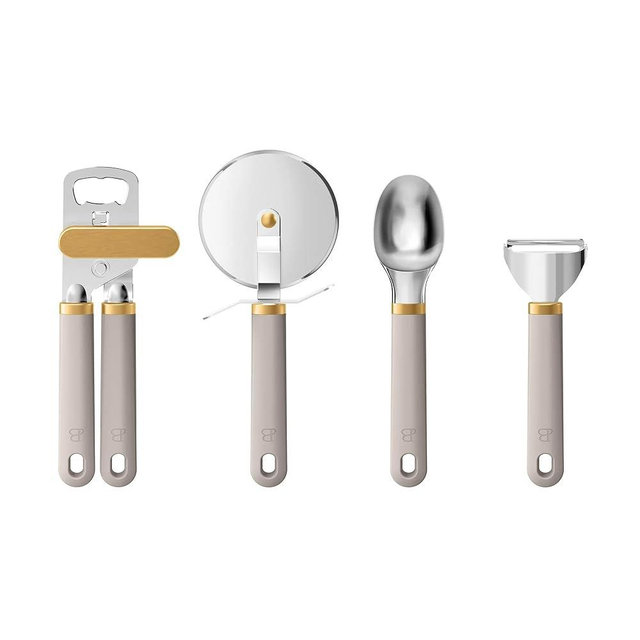 4-Piece Kitchen Essentials Set – Ice Cream Scoop, Pizza Cutter, Vegetable Peeler & Can Opener – Non-Slip Grip, BPA-Free, Dishwasher Safe, Stylish Taupe with Gold Accents
