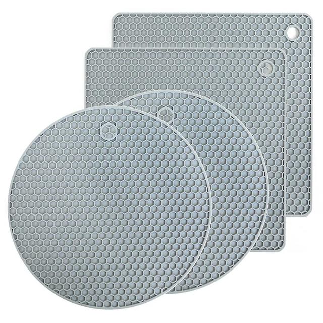 Homeral 4PCS Silicone Trivets for Hot Pans and Pots Heat Resistant Mats for Hot Dishes Soft Non-Slip Pot Holders Hot Pads for Kitchen Counter（Round×2,Square×2,Grey）